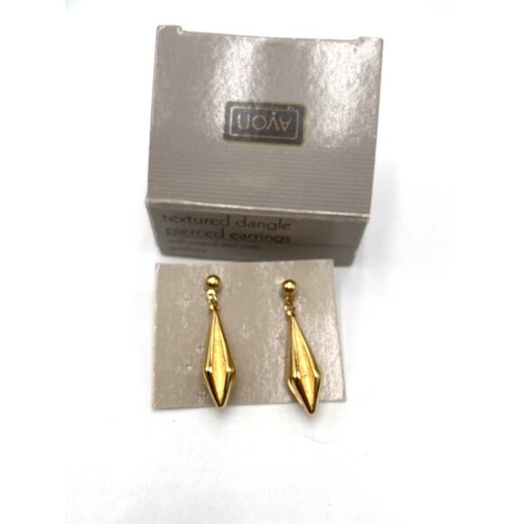 Vintage Avon Gold Tone Textured Long Pointed Dangle Drop Pierced Earrings Modern - Picture 5 of 8